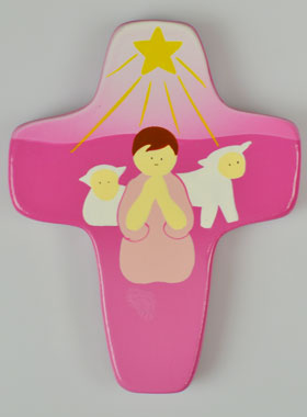 Croix Enfant en Bois - Adoration des Bergers Rose (pic 1)