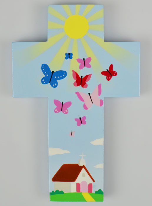Croix Enfant en Bois - Église Soleil & Papillons (pic 2)
