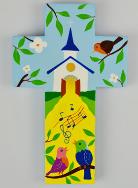 Croix Enfant en Bois - Église & Chant des Oiseaux (pic 1)