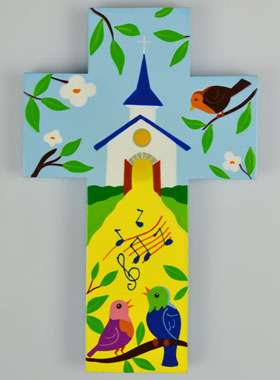 Croix Enfant en Bois - Église & Oiseaux (pic 1)