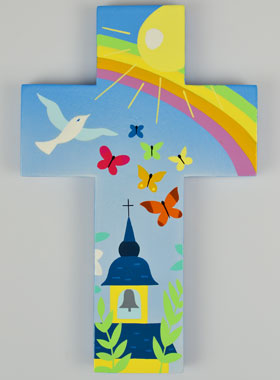 Grande Croix Enfant en Bois - Église Soleil & Papillons (pic 1)