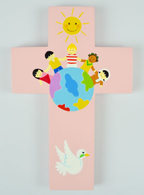 Grande Croix Enfant en Bois - Enfant du Monde Rose (pic 1)