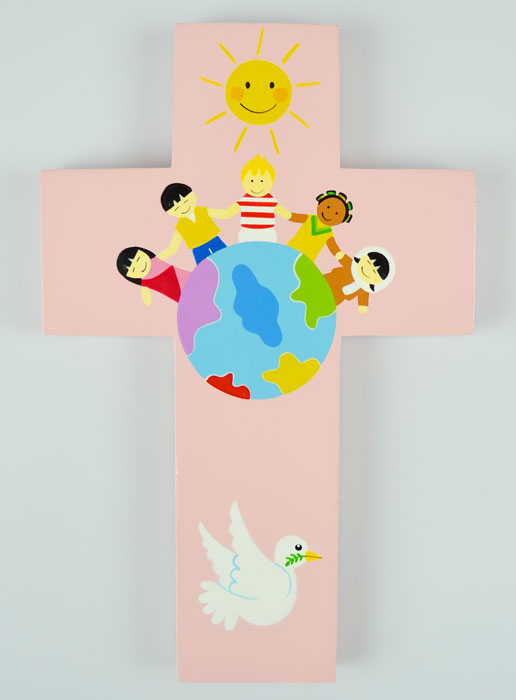 Grande Croix Enfant en Bois - Enfant du Monde Rose (pic 2)