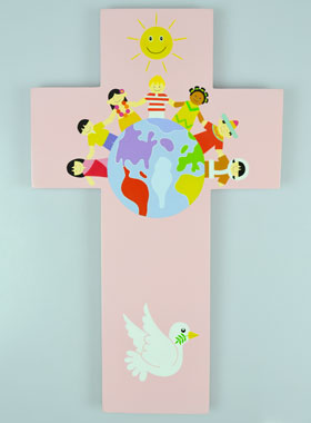 Grande Croix en Bois - Enfant du Monde Rose 35 cm (pic 1)