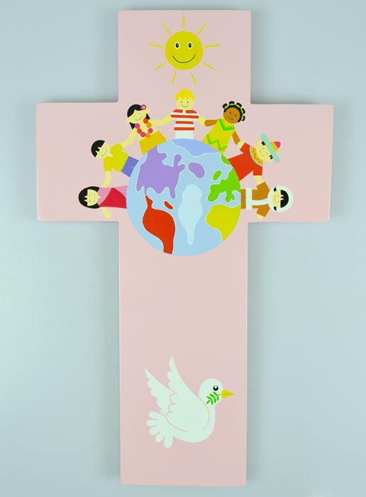 Grande Croix en Bois - Enfant du Monde Rose 35 cm (pic 2)