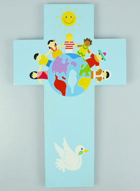 Grande Croix en Bois - Enfant du Monde Bleu 35 cm (pic 1)