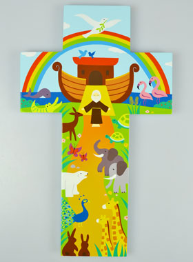 Grande Croix Enfant en Bois - Arche de Noé 35 cm (pic 1)