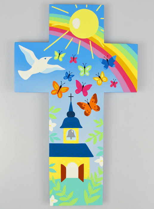 Grande Croix Enfant en Bois - Église & Papillons 35cm (pic 2)
