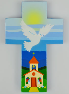 Croix Enfant en Bois Colombe de l'Esprit Saint et Eglise - Bleue (pic 1)