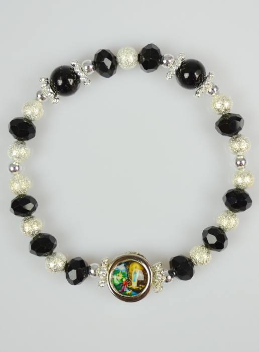 Bracelet Religieux Perles de Verre Noir - Médaille de Lourdes (pic 2)