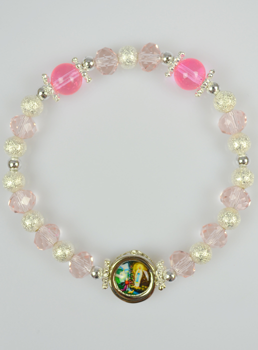 Bracelet Religieux Perles de Verre Rose - Médaille de Lourdes (pic 2)