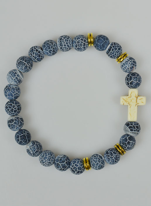 Bracelet Religieux en Pierre Naturelle Agate Bleue et Croix (pic 2)