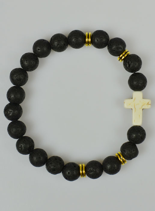 Bracelet Religieux en Pierre de Lave et Croix (pic 2)