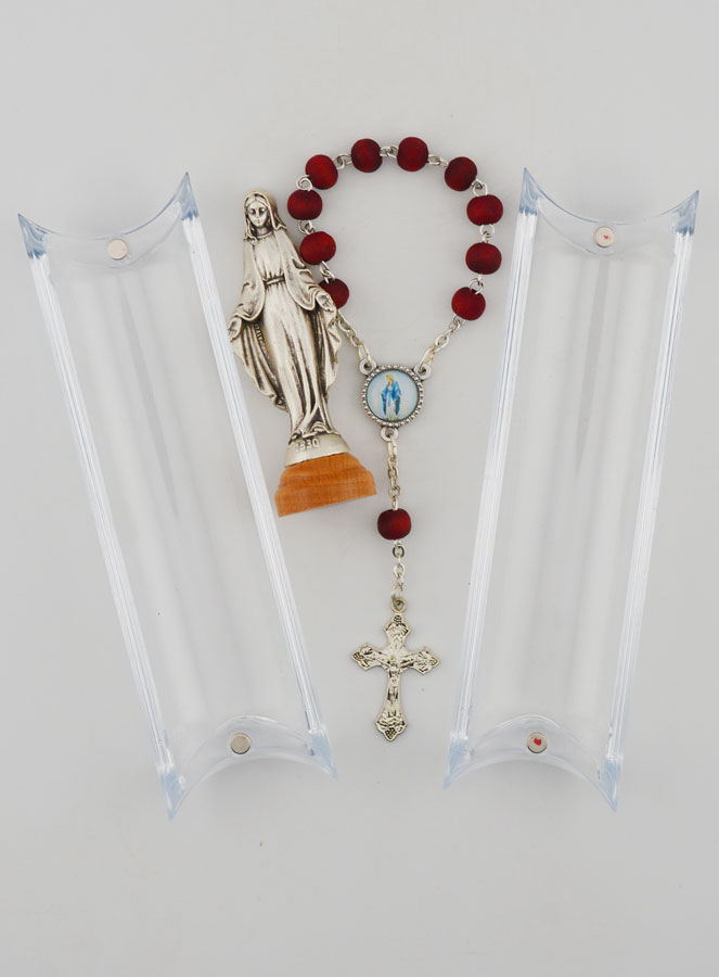 Statue Vierge Miraculeuse sur Socle & son Dizainier en Bois de Rose (pic 4)