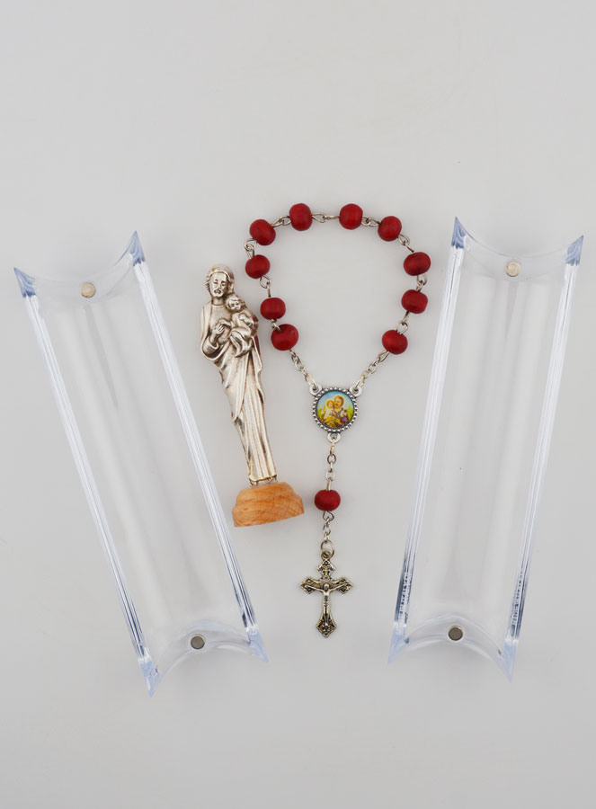 Statue Saint Joseph sur Socle & son Dizainier en Bois de Rose (pic 4)