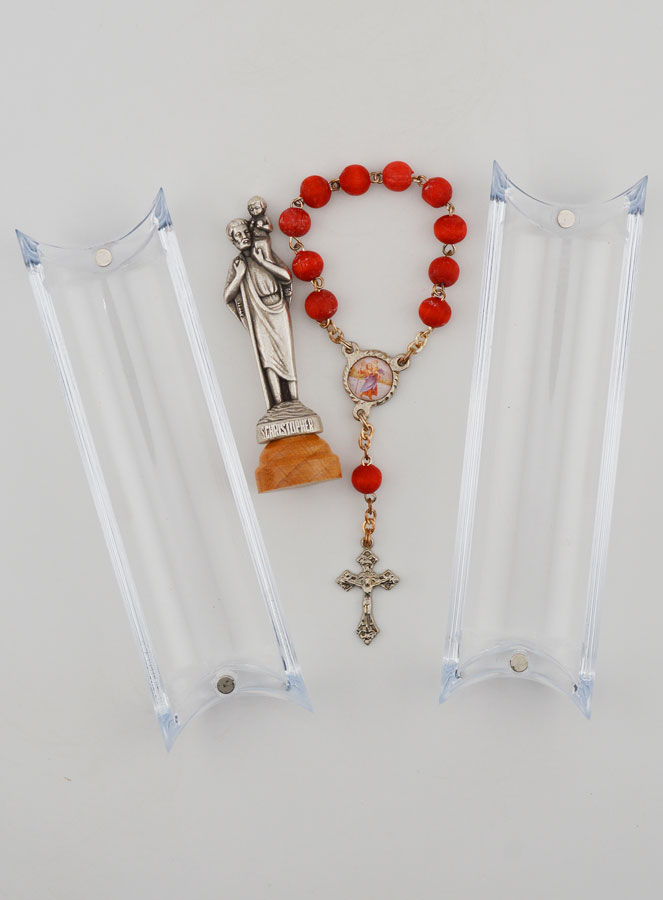 Statue Saint Christophe sur Socle & son Dizainier en Bois de Rose (pic 4)