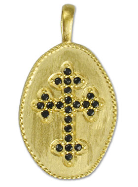 Pendentif Croix Plaqué Or - Diamants Noir - 19mm (pic 1)