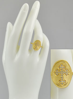 Bague Croix du Christ - Plaqué Or & Diamants - Taille 56 (pic 1)