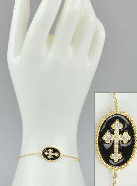 Bracelet Croix Plaqué Or - Diamants & Email Noir (pic 1)