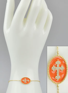 Bracelet Croix Plaqué Or - Diamants & Email Orange (pic 1)