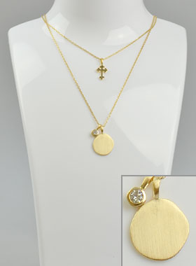 Collier Médaille à Graver + Croix & Diamants - Plaqué Or 18k (pic 1)