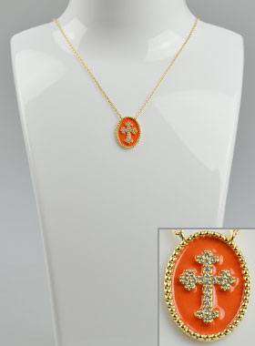 Collier Croix Plaqué Or - Diamants & Email Orange (pic 1)