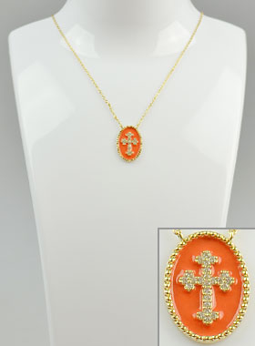 Collier Religieux - Croix Plaqué Or - Diamants & Email Orange (pic 1)