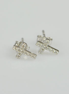 Boucles d'Oreilles Croix & Diamants - Argent Massif 925/1000 (pic 1)