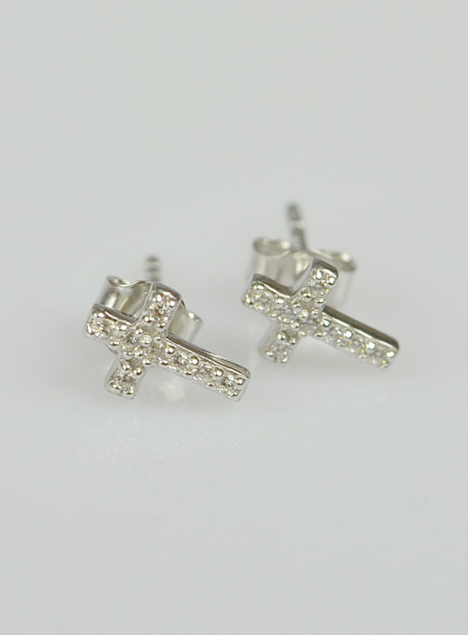 Boucles d'Oreilles Croix & Diamants - Argent Massif 925/1000 (pic 2)