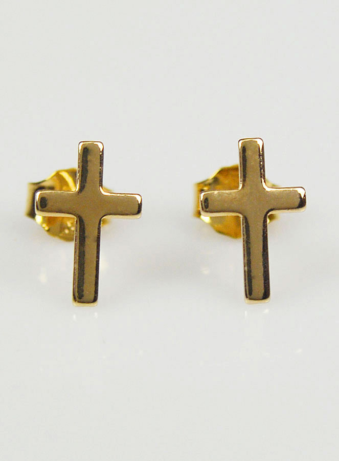 Boucles d'Oreilles Croix en Plaqué Or 18 carats - 9mm (pic 1)