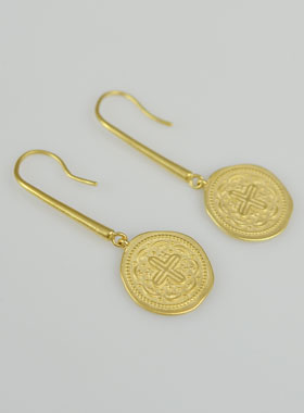 Boucles d'Oreilles Médaille Croix Antique 15mm - Plaqué Or 18k (pic 1)