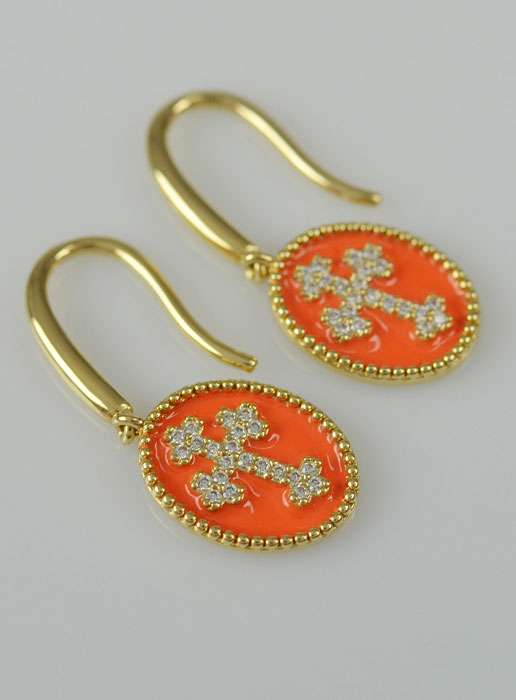 Boucles d'Oreilles Croix Plaqué Or - Diamants & Email Orange (pic 2)