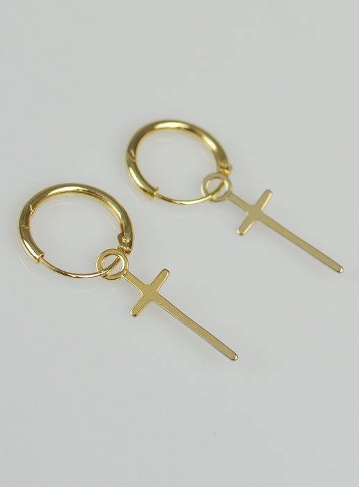 Boucles d'Oreilles Créoles Croix Jésus - Plaqué Or - 12mm (pic 2)