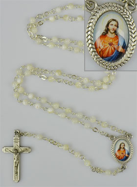 Chapelet en Perles de Nacre Véritable - Médaille Sacré Coeur de Jésus (pic 1)