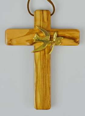 Crucifix en Bois d'Olivier - Colombe Dorée - 12cm (pic 1)