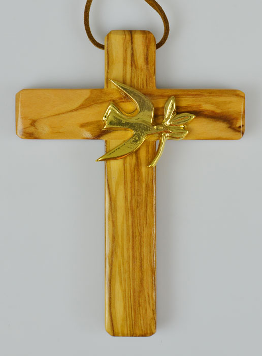 Crucifix en Bois d'Olivier - Colombe Dorée - 12cm (pic 2)