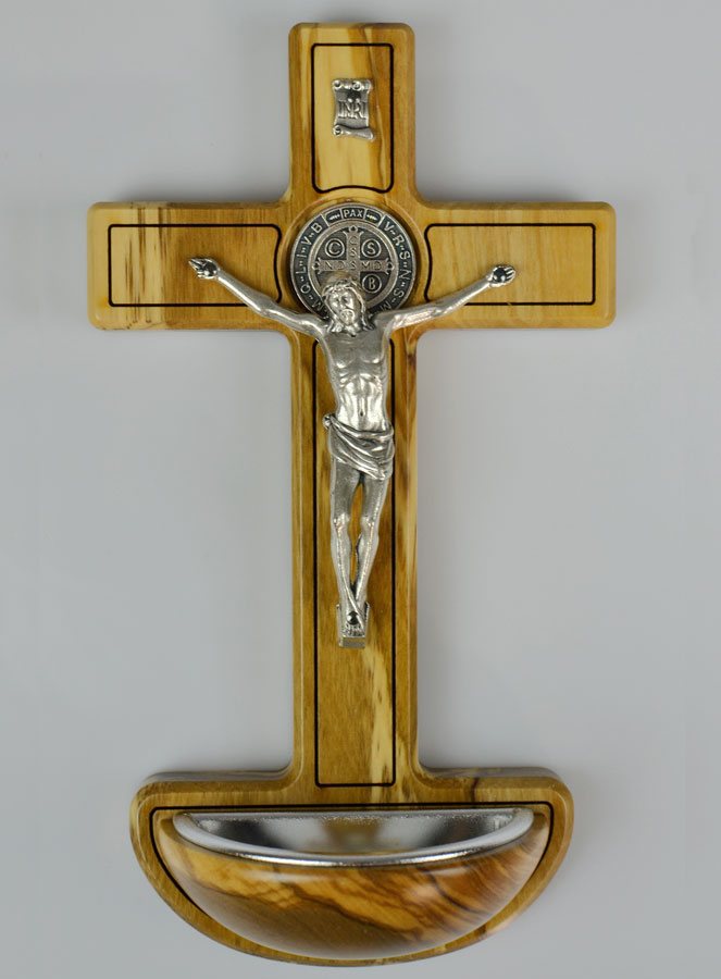 Bénitier Croix de Saint Benoît en Bois d'Olivier - 19cm (pic 2)