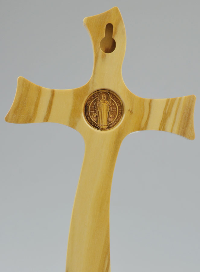Crucifix sur Socle de Saint Benoît en Bois d'Olivier - 22cm (pic 4)