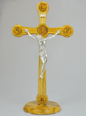 Croix de Saint Benoît en Bois d'Olivier et Bronze - 52cm (pic 1)