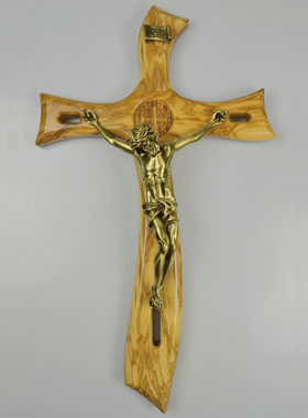 Grand Crucifix Mural de Saint Benoît en Bois et Bronze - 48cm (pic 1)