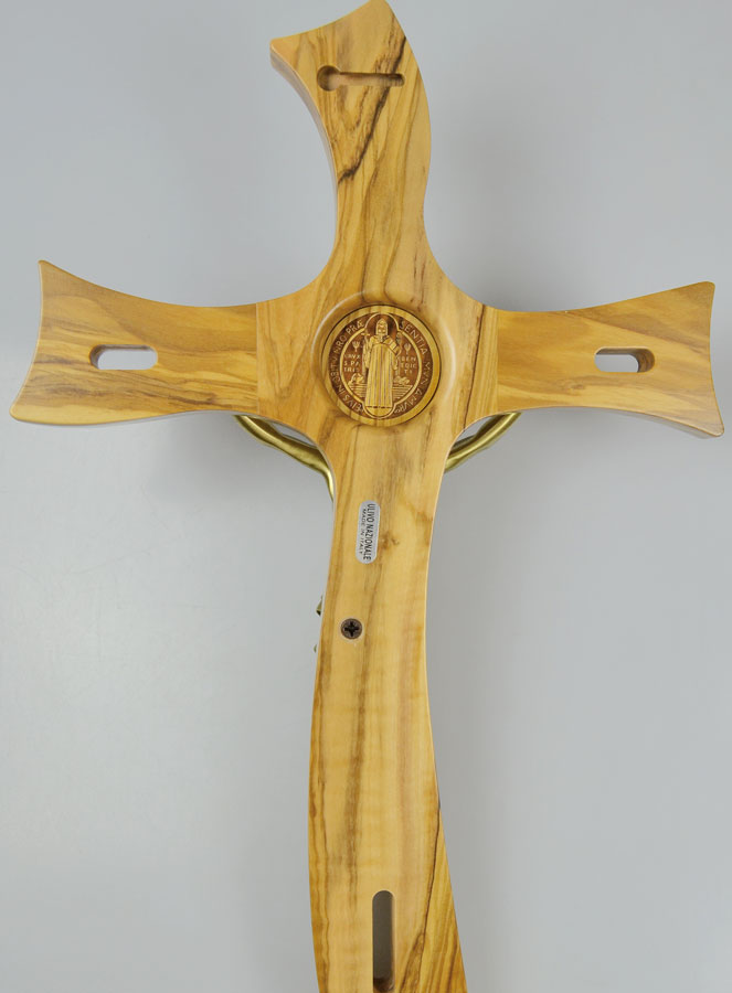 Grand Crucifix Mural de Saint Benoît en Bois et Bronze - 48cm (pic 4)