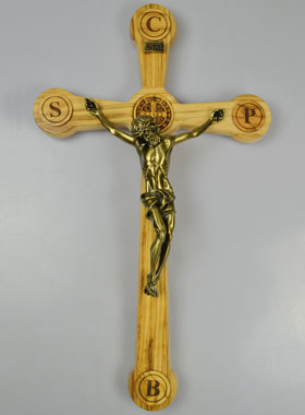 Grand Crucifix de Saint Benoît en Bois d'Olivier et Bronze - 50cm (pic 1)