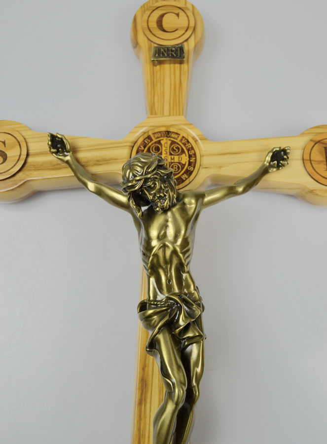 Grand Crucifix de Saint Benoît en Bois d'Olivier et Bronze - 50cm (pic 3)