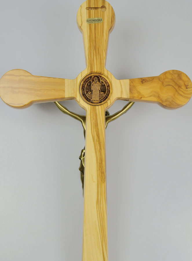 Grand Crucifix de Saint Benoît en Bois d'Olivier et Bronze - 50cm (pic 4)