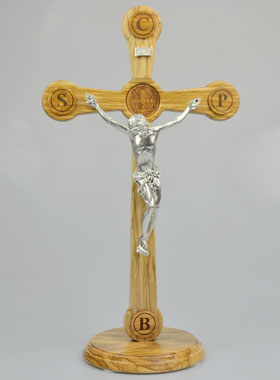Crucifix de Saint Benoît en Bois d'Olivier et Bronze - 52cm (pic 1)