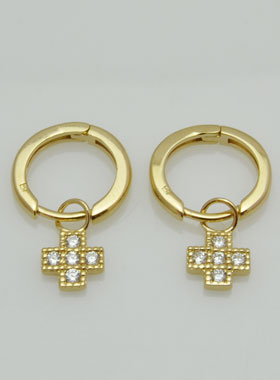 Boucles d'Oreilles Créoles Croix Plaqué Or & Diamants (pic 1)