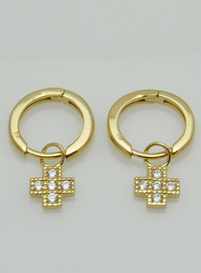 Boucles d'Oreilles Créoles Croix Plaqué Or & Diamants (pic 2)