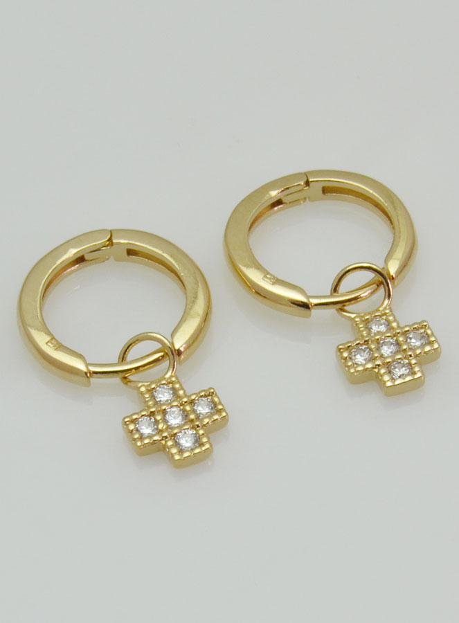 Boucles d'Oreilles Créoles Croix Plaqué Or & Diamants (pic 3)
