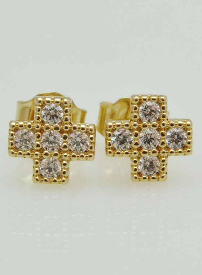 Boucles d'Oreilles Tiges Croix Plaqué Or & Diamants (pic 3)