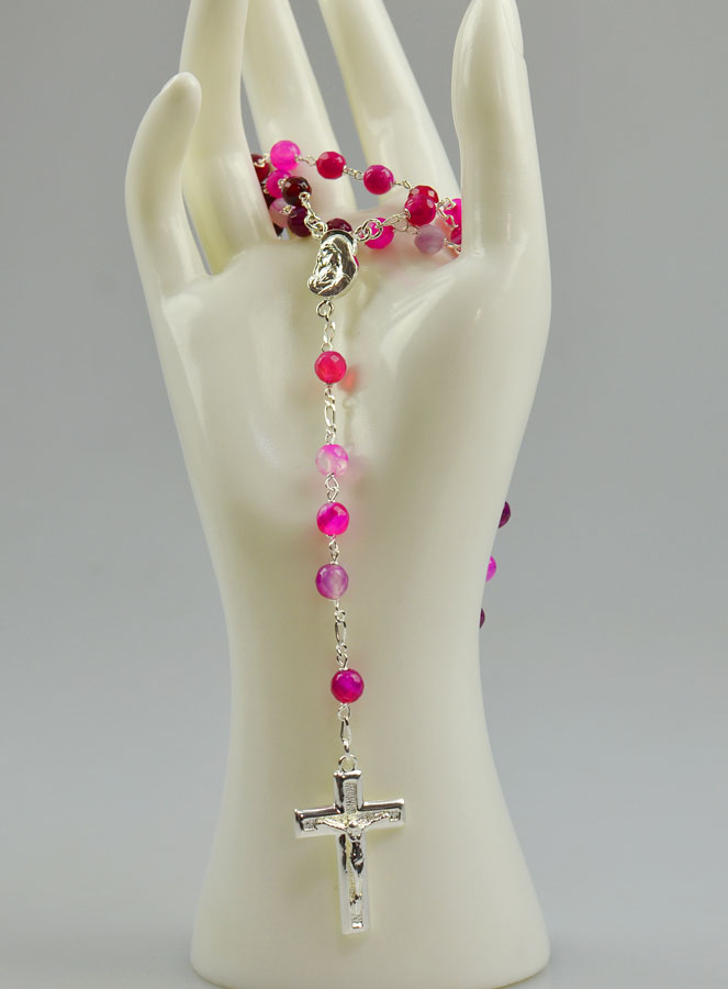 Chapelet en Argent Massif & Agate Rose Véritable du Brésil (pic 2)